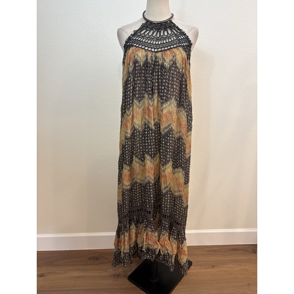 Free People Fp One Boho Crochet Halter Dress Maxi Open Back Sz S Gauze‎ Festival
